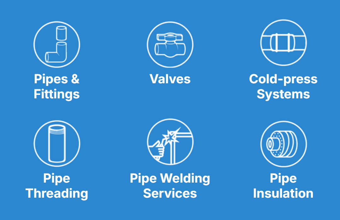 Pipes & Fittings, Valves, Cold-press Systems, Pipe Threading, Pipe Welding Services, Pipe Insulation
